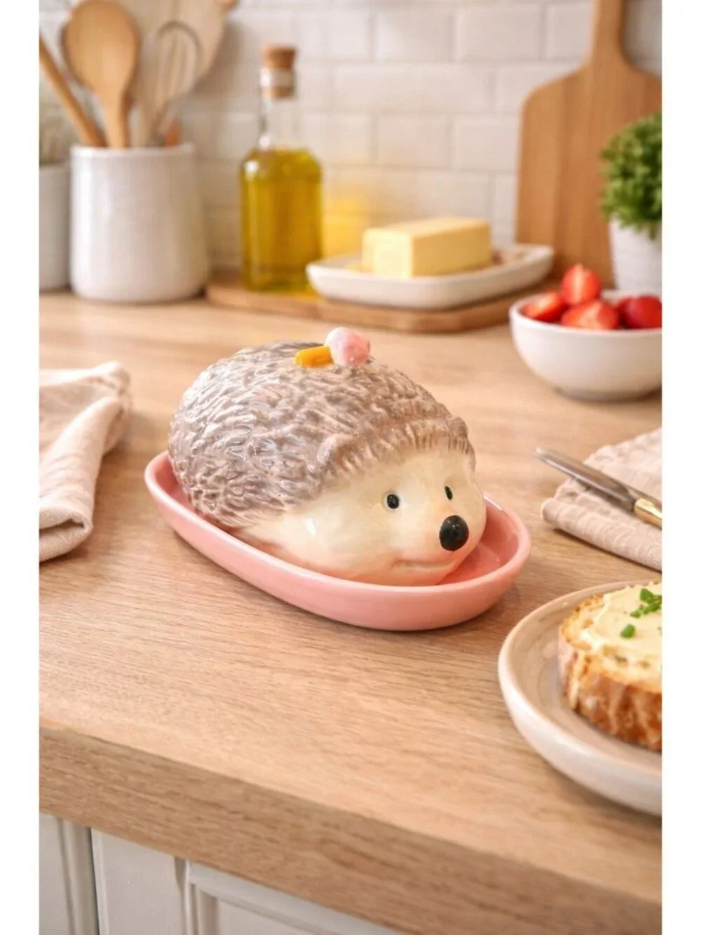 New Ceramic Funny Girl Hedgehog W/ Pink Mushroom Kitchen Butter Dish